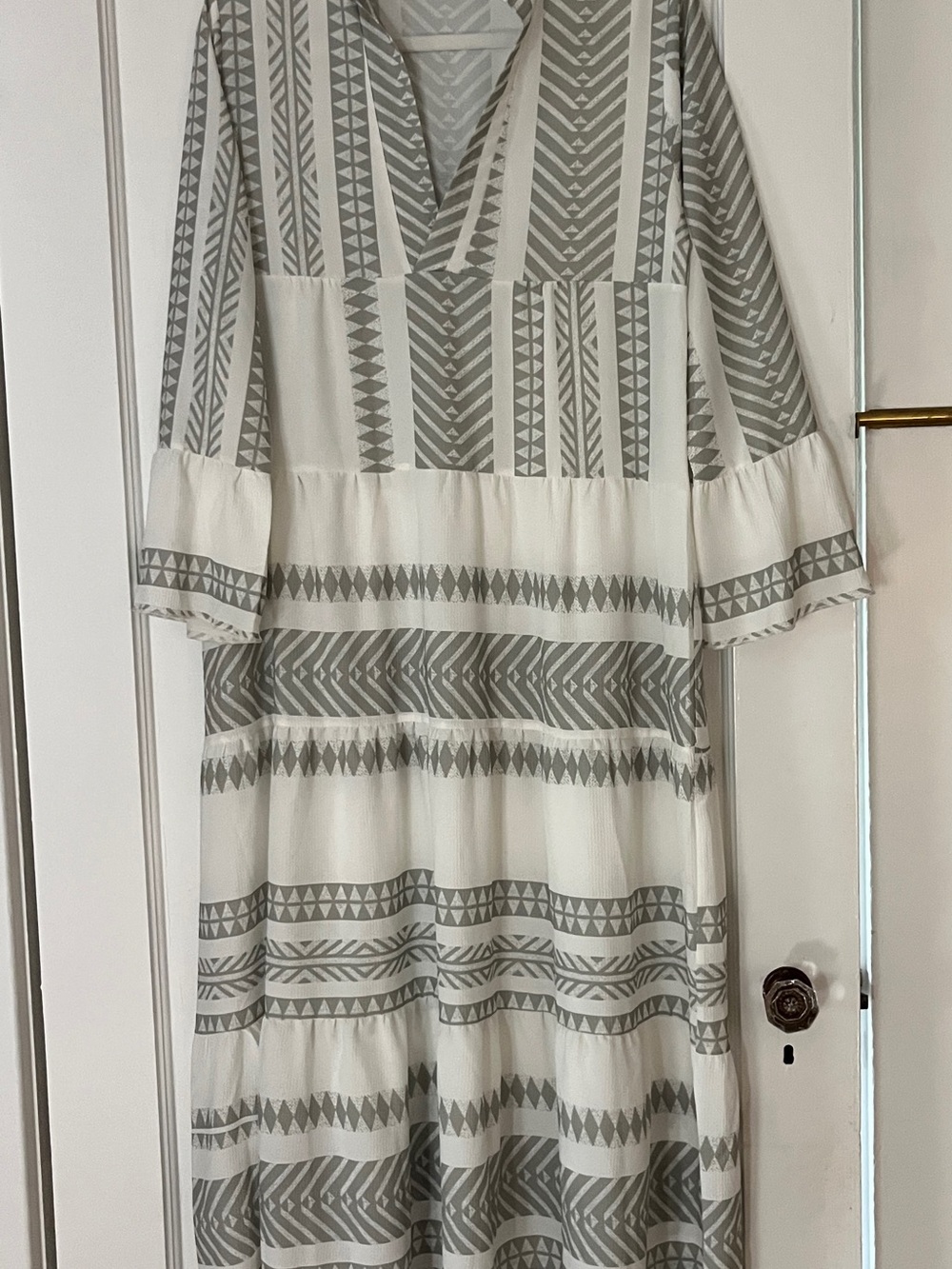 Tribal-Print V-Neck Maxi Dress - White & Gray